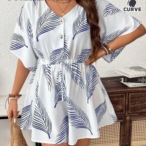 SHEIN Blue and White Leaf Print romper